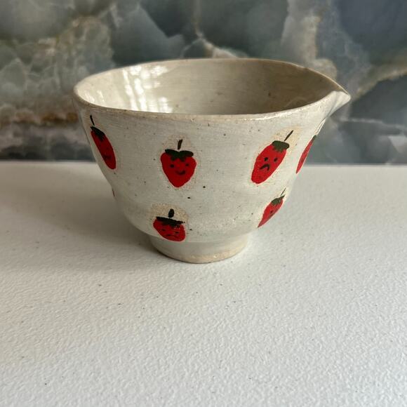Studio Art Pottery Ceramic Matcha Bowl Hand Painted Strawberries Unique Gray - Picture 6 of 10